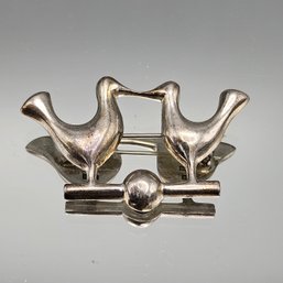 Vintage Mexican 925 Sterling Silver Love Birds Brooch  Modernist Figural Pin