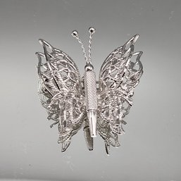 Silver Tone Filigree Butterfly Brooch  Detailed Openwork Wing Pin