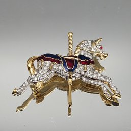 Carolee Carousel Horse Brooch  Gold Tone Rhinestone Enamel Pin