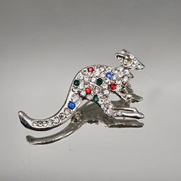 Vintage Rhinestone Kangaroo Brooch  Multicolor Crystal Animal Pin