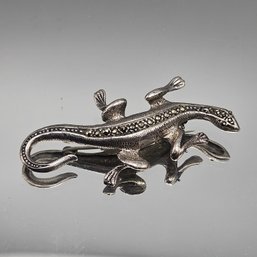 Vintage Sterling Silver Lizard Brooch  Marcasite Detail Reptile Pin