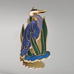 Vintage Enamel Great Blue Heron Brooch