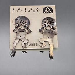 Salsa Designs Vintage Sterling Silver Frog And Lily Pad Dangle Earrings