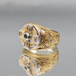Sterling Silver & Gold Overlay Celtic Cross Ring With Green Stone  Size 10- 15.72g
