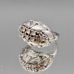 Sterling Silver Leaf Motif Ring With Diamond Accent Cluster  Size ~6