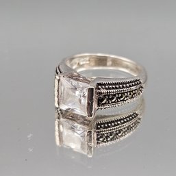 Sterling Silver Square CZ & Marcasite Ring  Size 6.25