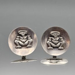 Vintage Pre-Columbian Style Silver Tone Clip-On Earrings