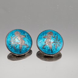 Vintage Thai Sterling Silver Blue Enamel Mekkala Earrings