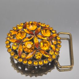 Vintage Amber Rhinestone Buckle, Antique Brass Filigree & Marquise Crystal Scarf Or Belt Slide