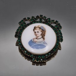 Vintage Portrait Cameo Brooch With Emerald Green Rhinestone Frame
