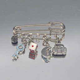 Vintage Silver-Tone Charm Safety Pin Brooch With Dice, Key & Moon Charms