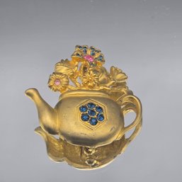 Vintage Gold-Tone Teapot Floral Brooch With Blue & Pink Rhinestones