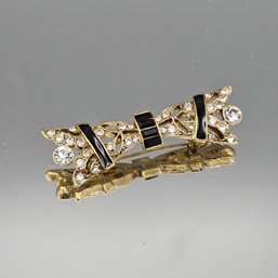 Vintage Art Deco Gold-Tone Bow Bar Brooch With Black Glass & Rhinestones