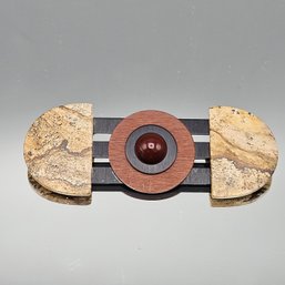 Vintage Modernist Mixed-Media Stone & Wood Bar Brooch