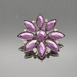Vintage Purple Rhinestone Flower Brooch With Clear Crystal Accents