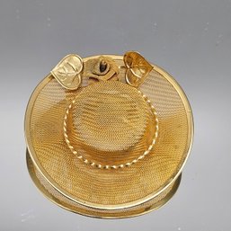 Vintage Gold Tone Mesh Hat Brooch With Rose & Leaf Accents