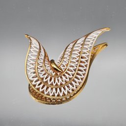 Vintage Gold Tone & White Enamel Abstract Leaf Brooch  Mid-Century Modern Style