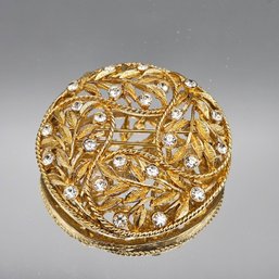 Vintage Gold-Tone Filigree Leaf Wreath Brooch With Clear Rhinestones