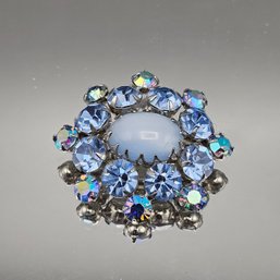 Vintage Blue Cabochon And Aurora Borealis Rhinestone Brooch