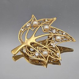 Gold-Tone Leaf Brooch With Faux Pearls And Rhinestones