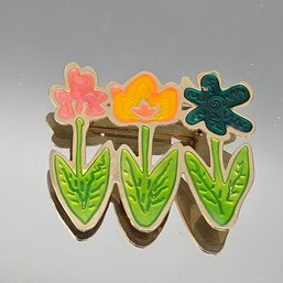 Whimsical Trio Of Enamel Garden Flowers Brooch