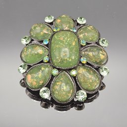 Vintage SNK Green Faux Dragon Breath Glass Floral Brooch