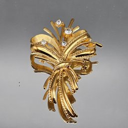 Vintage Gold-Tone Rhinestone Ribbon Bouquet Brooch