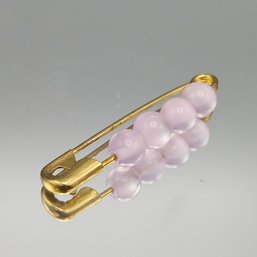 Vintage Gold-Tone Safety Pin Brooch With Pink Frosted Glass Beads