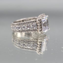 Emerald-Cut Halo Sterling Silver Ring