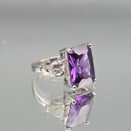Sterling Silver Emerald-Cut Purple Amethyst Three-Stone Ring Size 7