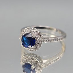 Sterling Silver Blue Stone Halo Engagement Ring