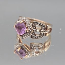 Sterling Silver Amethyst Halo Buckle Motif Ring