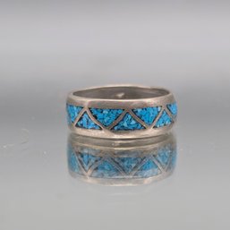 Vintage Native American Style Crushed Turquoise Inlay Silver T OneBand