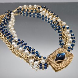 Vintage Multi-Strand Statement Necklace Blue Glass Beads Faux Pearl Gold Tone 19'