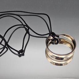 Modernist Silver Tone Hoop Pendant Necklace Black Cord Long  18'