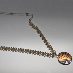 Artisan Mixed Media Necklace With Hand-Painted Disk & Chevron Chain  19'