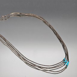 Vintage Liquid Silver Multi-Strand Necklace With Turquoise Heishi Beads