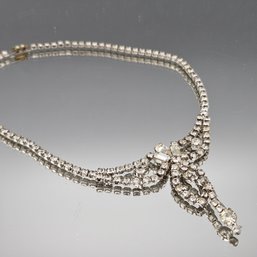 Rhinestone Choker Necklace Silver Tone Ribbon Knot Bow Deco Waterfall 15'