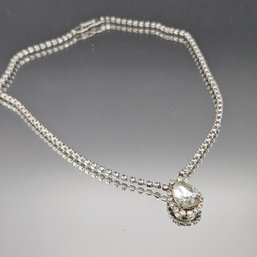 Rhinestone Choker Necklace, Pear Cut Teardrop Crystal, Silver Tone, 16 Inch
