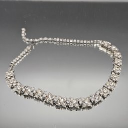 Vintage Rhinestone Floral Statement Necklace - Silver Tone -17'