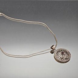 925 Sterling Silver Filigree Mandala Locket Necklace With Red Gemstone, 20 Inch