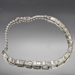 Art Deco Baguette Rhinestone Necklace - Silver Tennis Choker- 16'