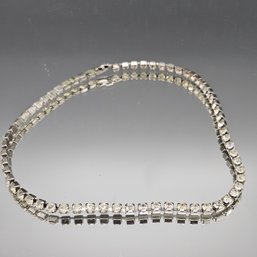 Vintage Rhinestone Line Choker Necklace - Silver Tone & Clear Crystal - 15'