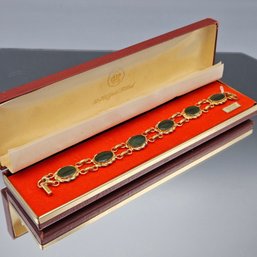 Mid-Century Modern Genuine Green Jade Stone 12k Gold Filled Bracelet, 7'