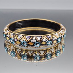 Boho Lac Bangle  Handcrafted Bead & Gold Tone Inlay Bracelet Size 2.67'