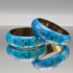 Vintage Boho Blue Mosaic Bone Bangle Bracelet Set - Brass Inlay 2.5'