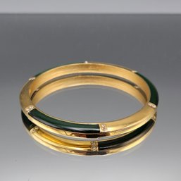 Jones New York Gold & Green Tone Enamel Inlay Bangle With Rhinestones -2.5'