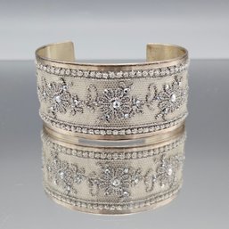 Chan Luu 925 Sterling Silver Floral Lace & Crystal Wide Cuff - 2.50 In