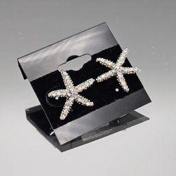 Sparkly Rhinestone Starfish Post Earrings - Silver Tone