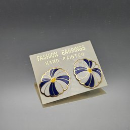 Vintage Hand-Painted Blue & White Enamel Floral Stud Earrings